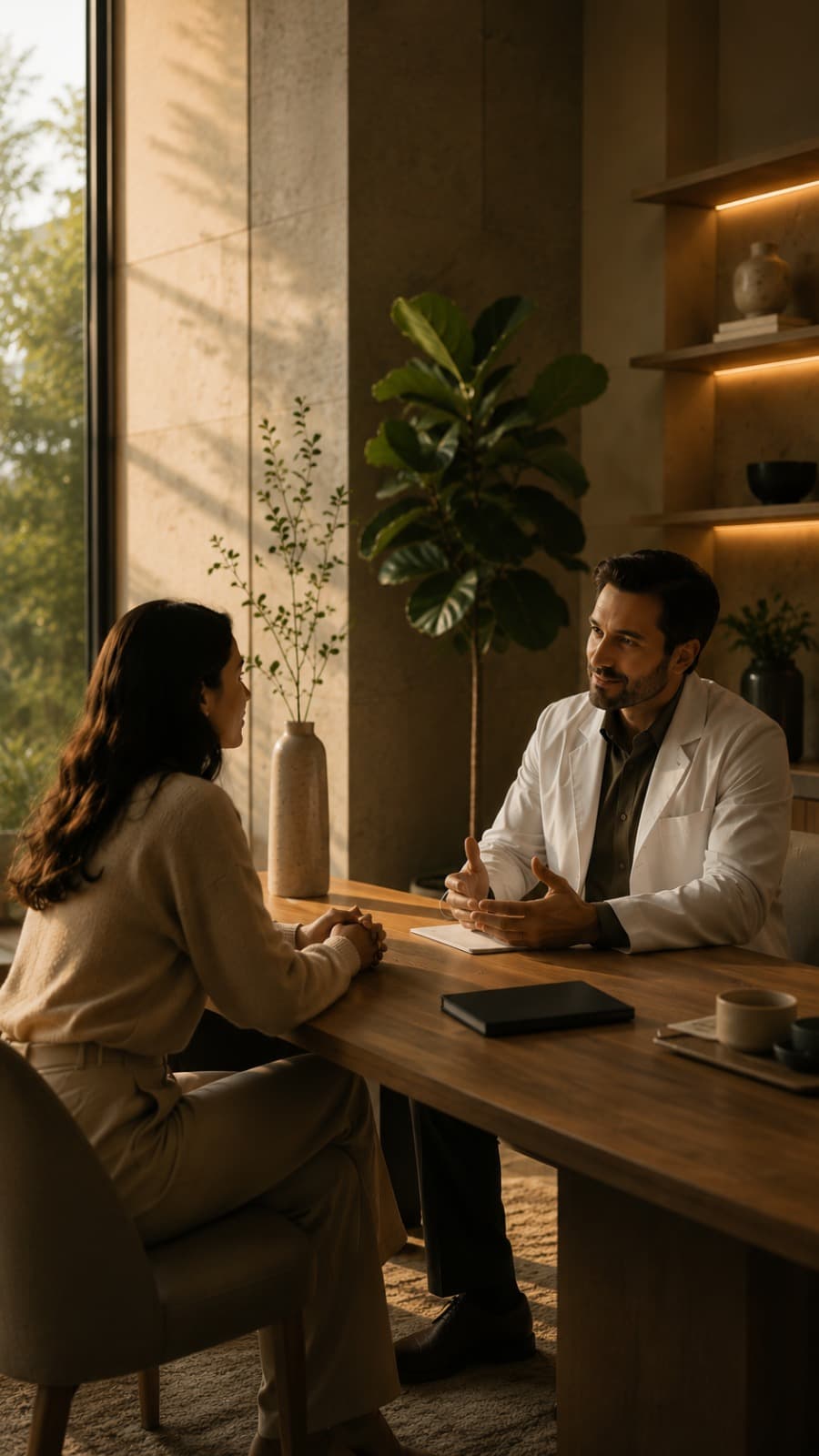 Consulta médica · conversación entre paciente y especialista en ambiente cálido